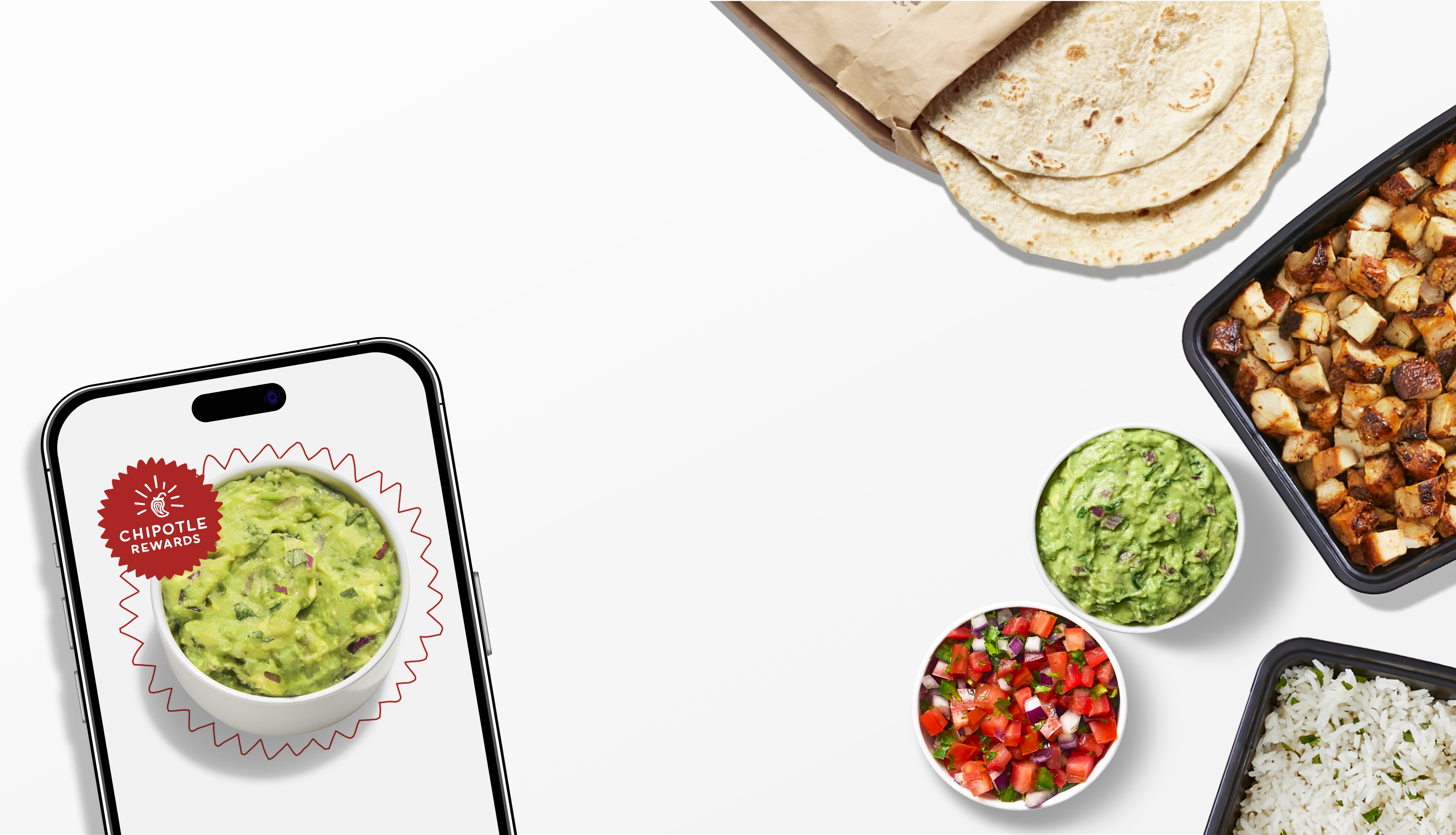 A smart phone showing the Chipotle Rewards logo around a free side or topping of fresh, hand-mashed Guac that you get when you sign up for Chipotle Rewards. Accompanied by a Chipotle Honey Chicken Burrito Bowl with white rice, black beans, freshly grilled Chipotle Honey Chicken, fajita veggies, hand-mashed Guac, and shredded Monterey Jack cheese.